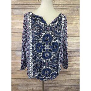 Beach Lunch Lounge Medium Split Neck Blouse Boho Paisley Peasant Style Purple￼